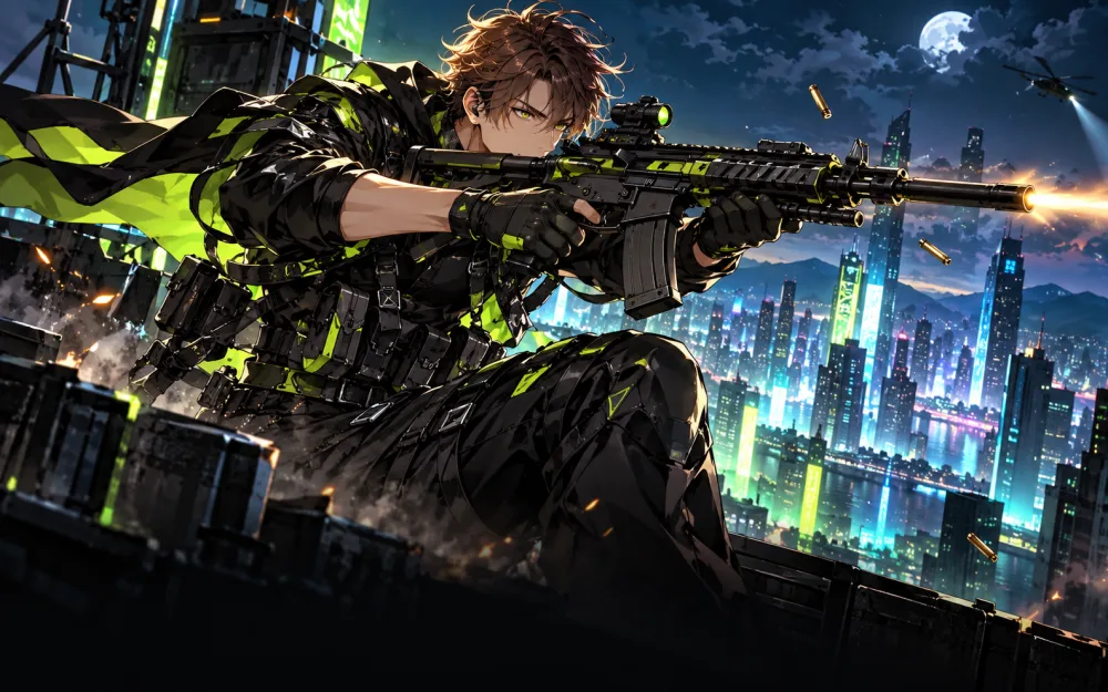 Chiến binh anime cầm súng trường giữa ánh neon xanh