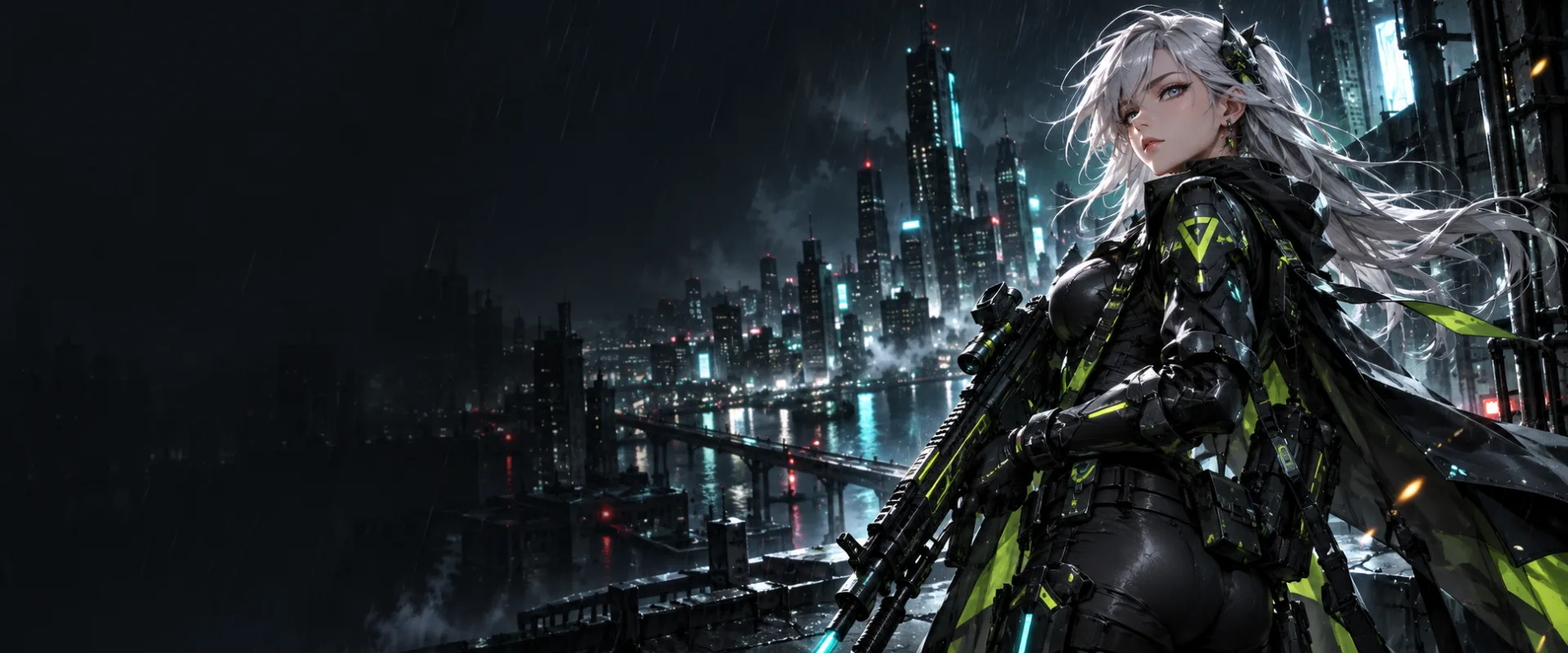 Nữ chiến binh anime với súng trên mái nhà giữa thành phố neon