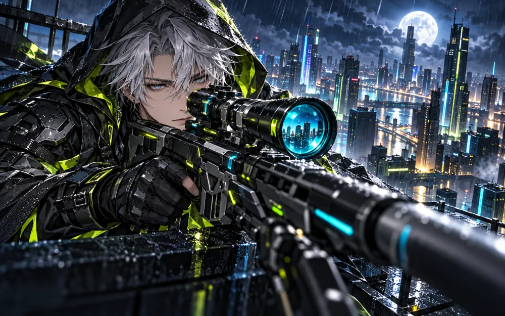 Xạ thủ anime với súng ngắm và ánh sáng xanh cyan